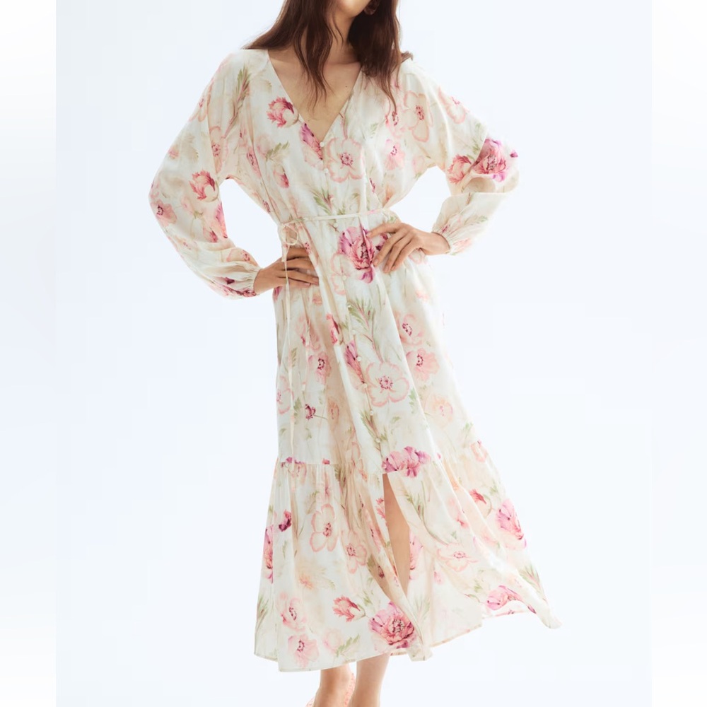 H&M Floral Tie Belt Crepe Dress